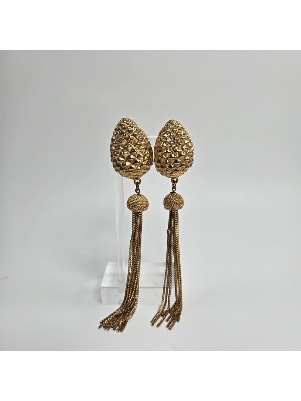 Ben Amun Gold Tone Pinecone Tassel Clip Earrings Runway Statement Long Vintage